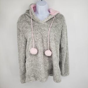 Francesca's Shaggy Fuzzy Hoodie Sweatshirt Size Small Pom Pom Gray Pink Plush
